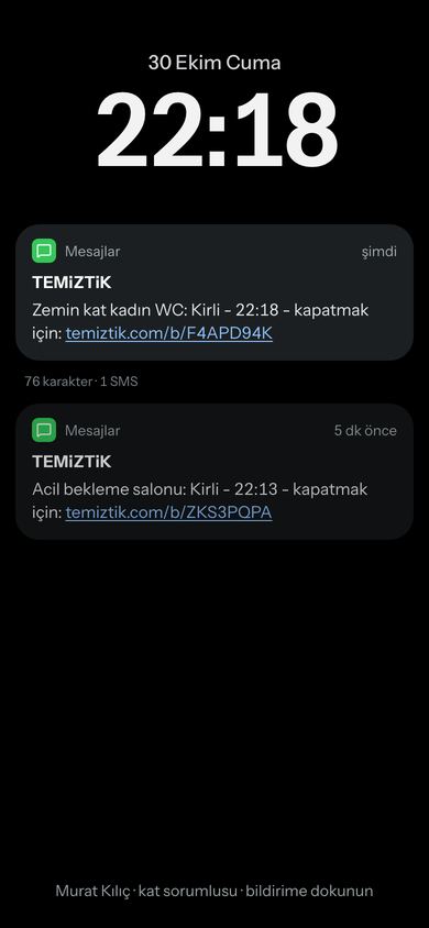 An SMS from TEMiZTiK on the supervisor's lock screen.